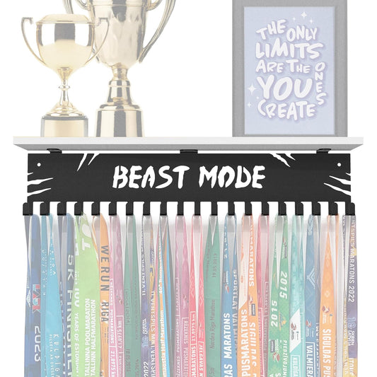 Medal hanger with hooks - Beast Mode - Black - 16.9" / 43cm - Bamboo shelf (White)