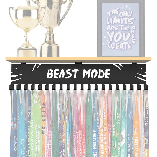 Medal hanger with hooks - Beast Mode - Black - 16.9" / 43cm - Bamboo shelf (Natural)