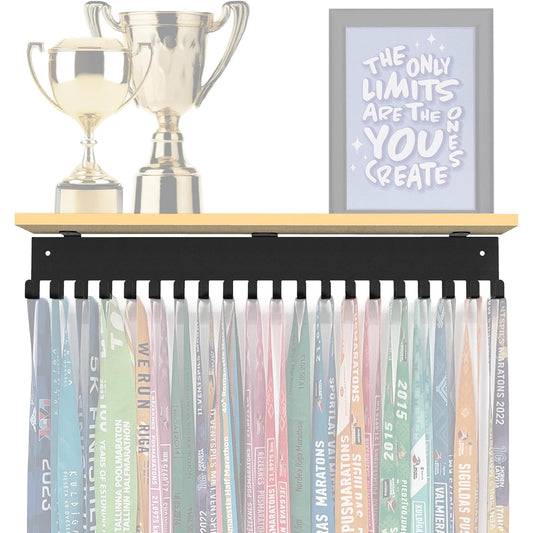 Medal hanger with hooks - Black - 16.9" / 43cm - Bamboo shelf (Natural)