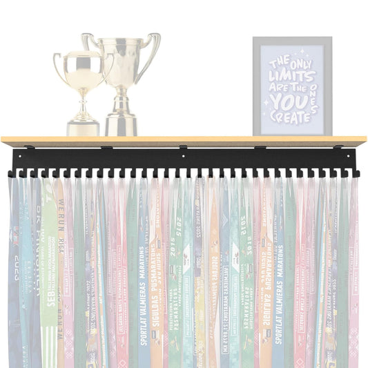XXL Medal hanger with hooks - Black - 27.5" / 70cm - Bamboo shelf (Natural)