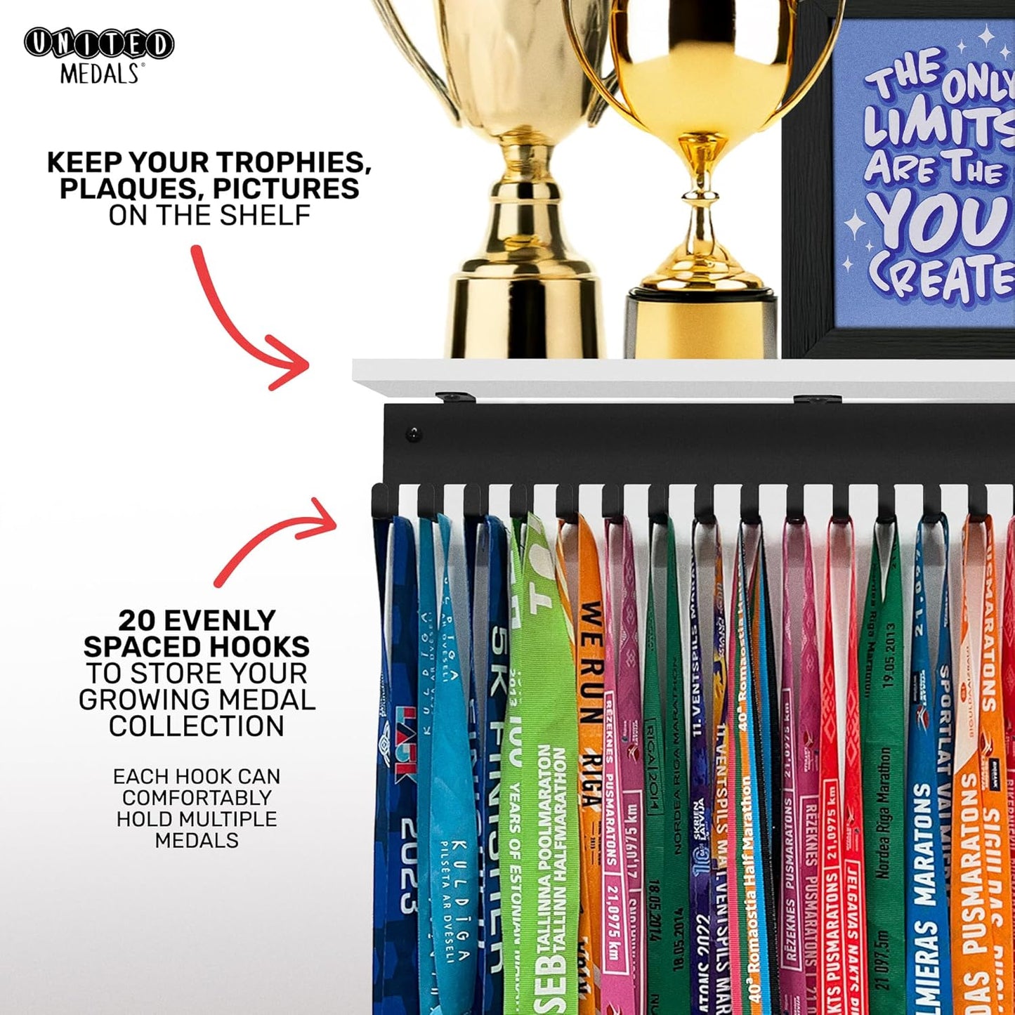 Medal hanger with hooks - Black - 16.9" / 43cm - Bamboo shelf (White)