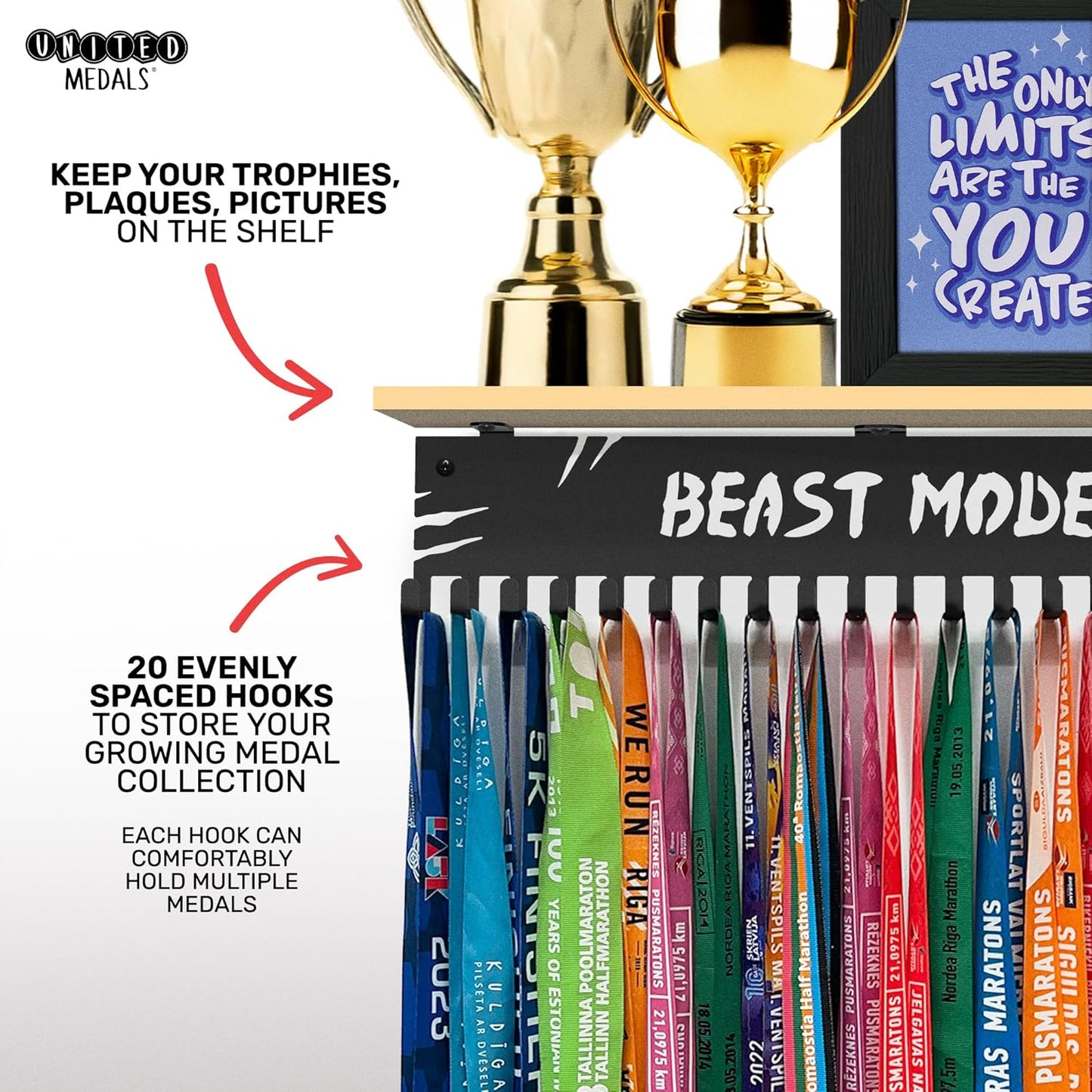 Medal hanger with hooks - Beast Mode - Black - 16.9" / 43cm - Bamboo shelf (Natural)