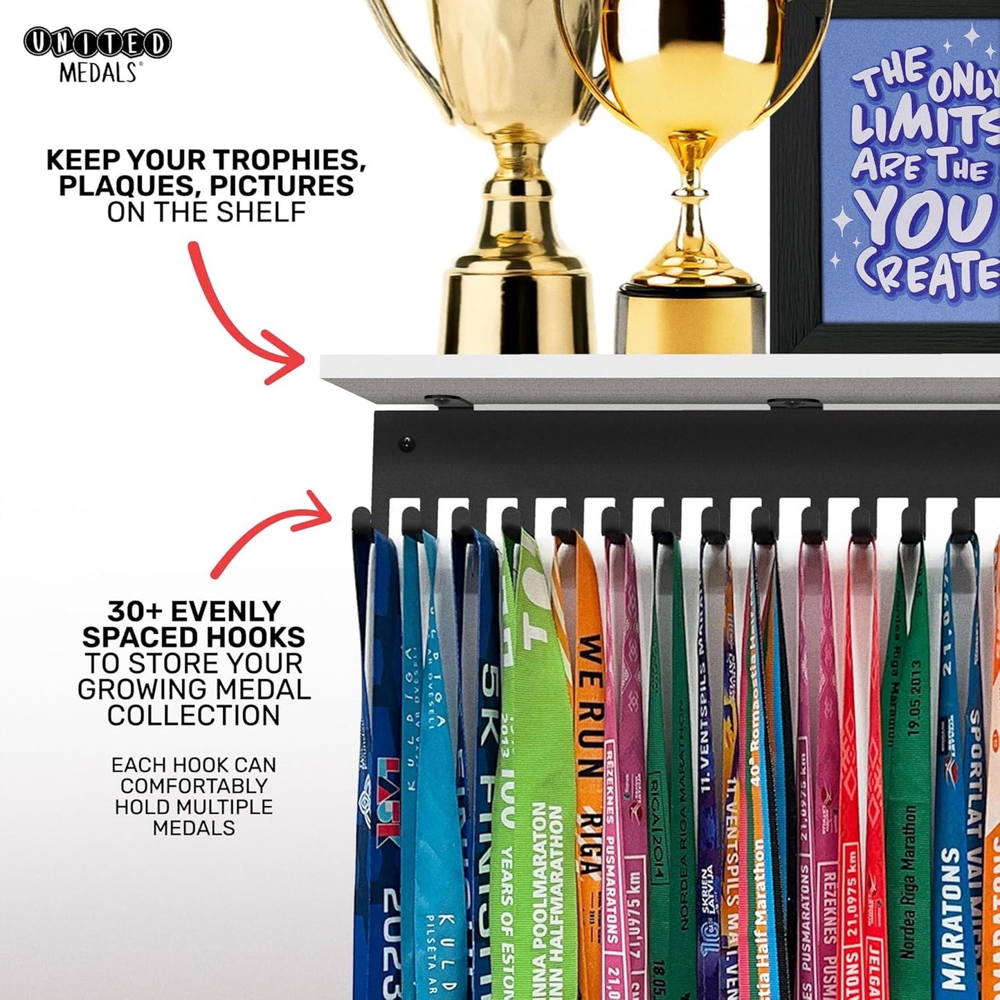 XXL Medal hanger with hooks - Black - 27.5" / 70cm - Bamboo shelf (White)