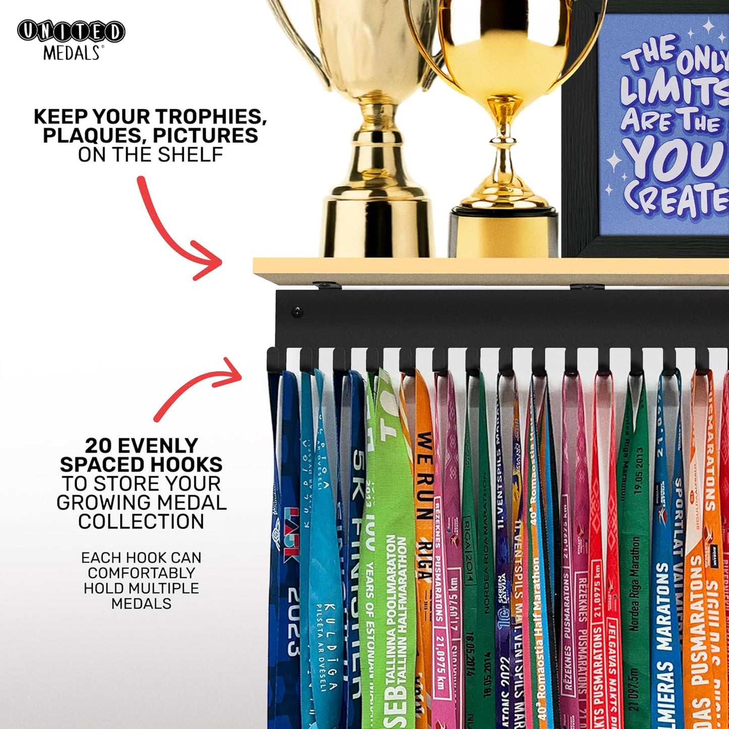 Medal hanger with hooks - Black - 16.9" / 43cm - Bamboo shelf (Natural)