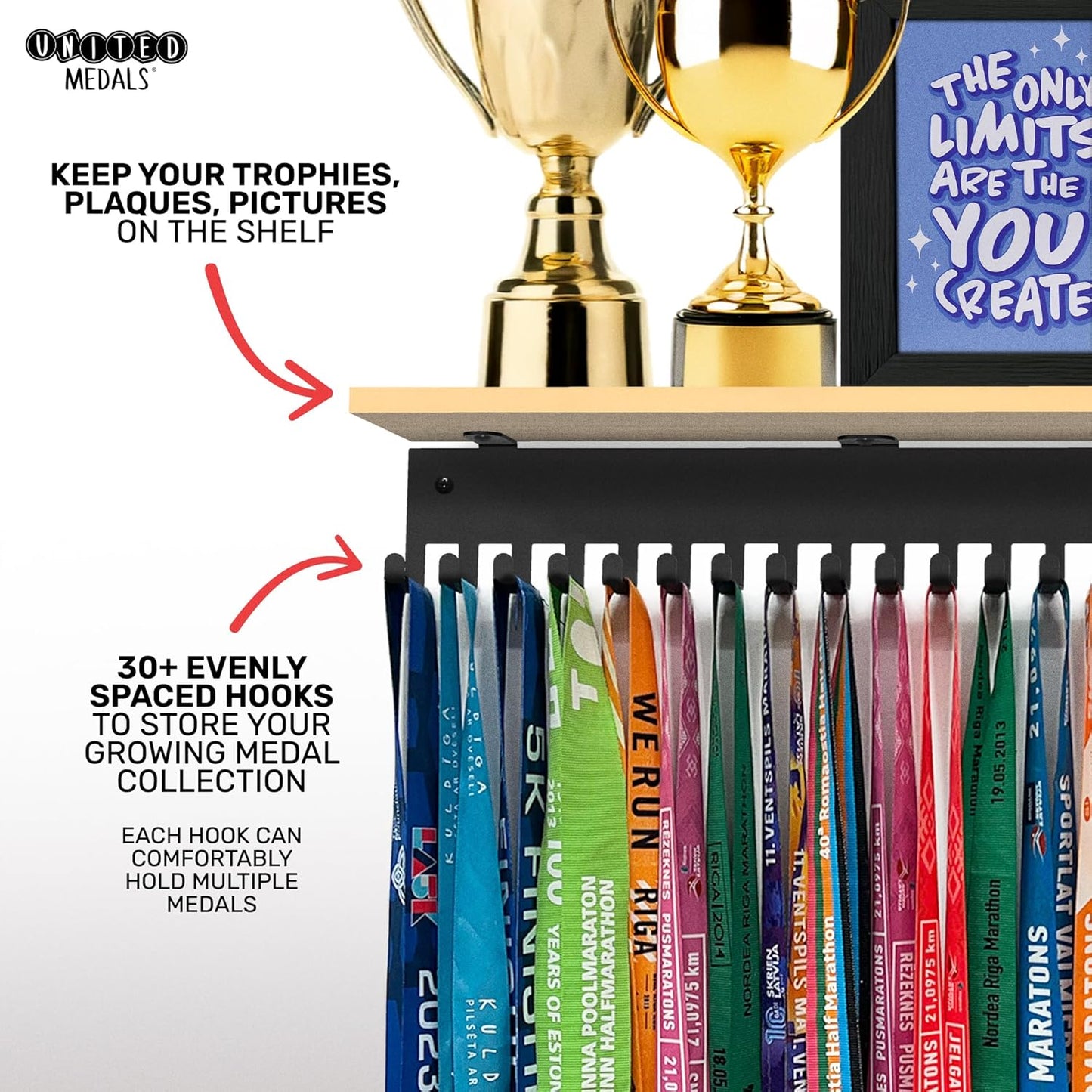 XXL Medal hanger with hooks - Black - 27.5" / 70cm - Bamboo shelf (Natural)