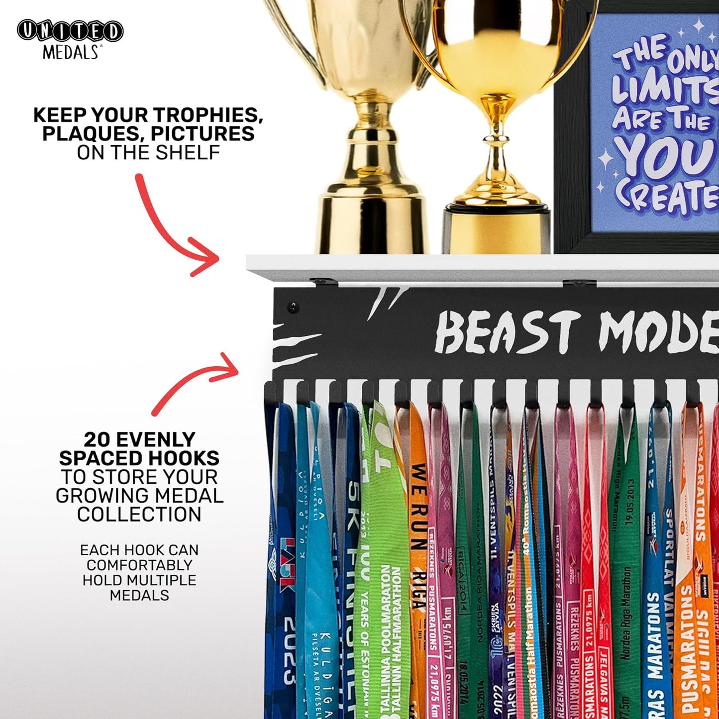 Medal hanger with hooks - Beast Mode - Black - 16.9" / 43cm - Bamboo shelf (White)