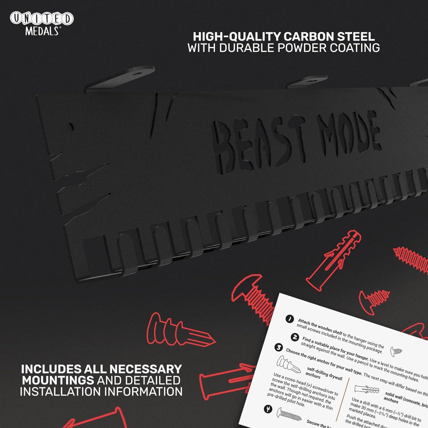 Medal hanger with hooks - Beast Mode - Black - 16.9" / 43cm - Bamboo shelf (White)