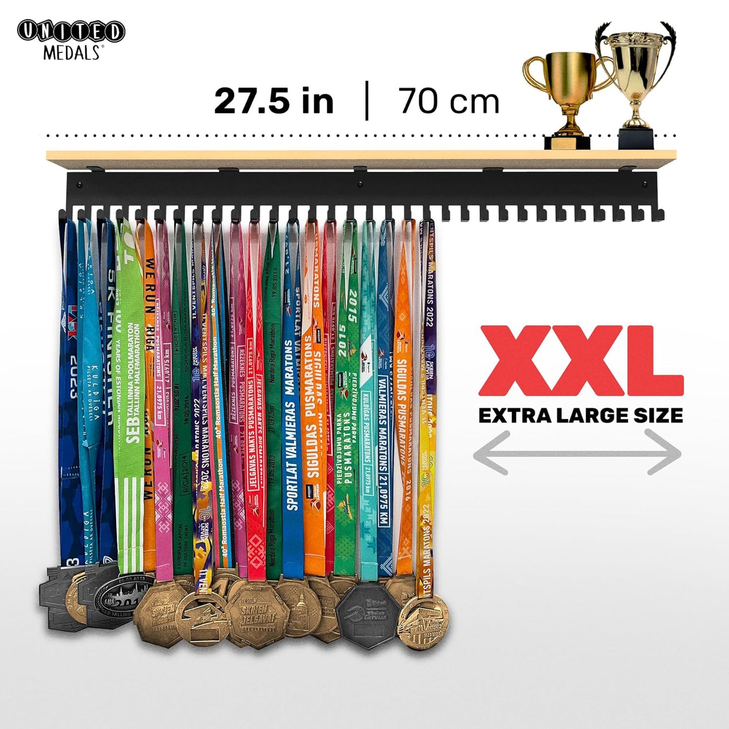 XXL Medal hanger with hooks - Black - 27.5" / 70cm - Bamboo shelf (Natural)