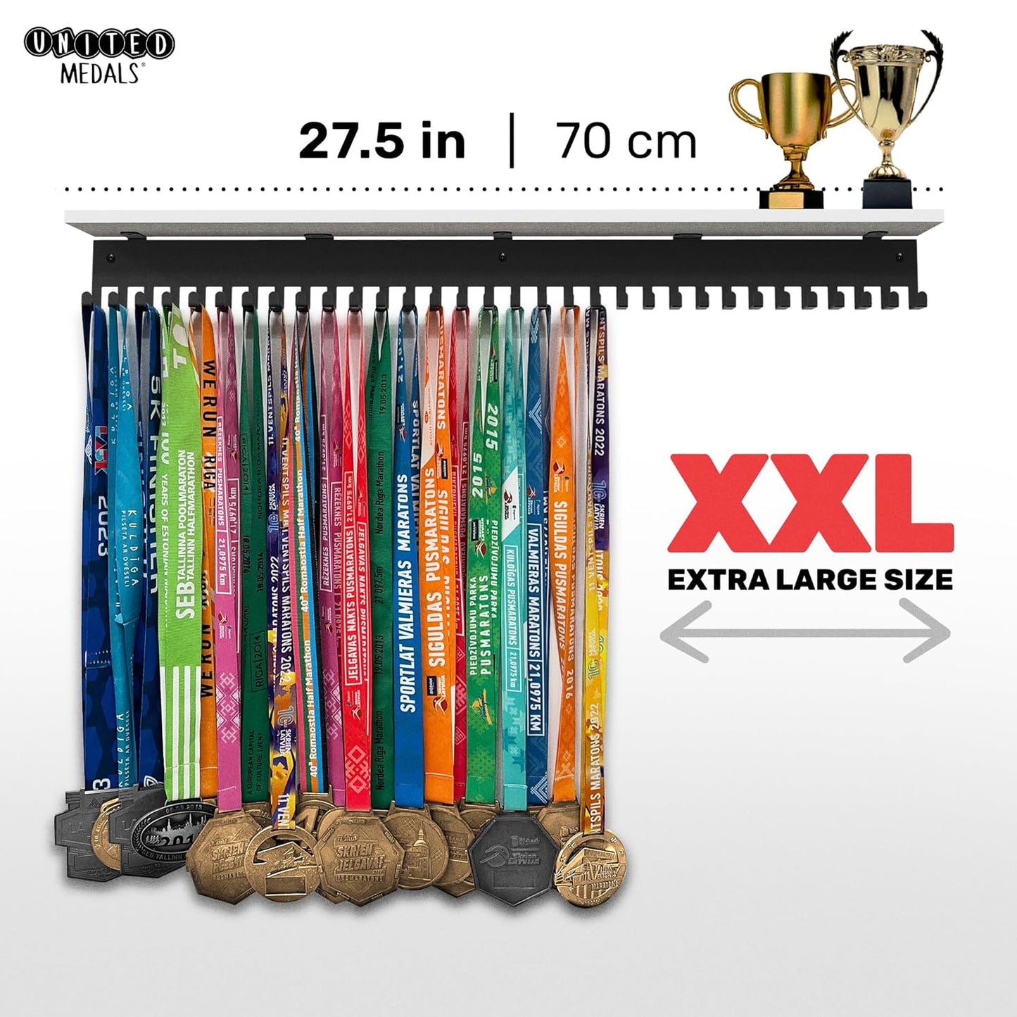 XXL Medal hanger with hooks - Black - 27.5" / 70cm - Bamboo shelf (White)