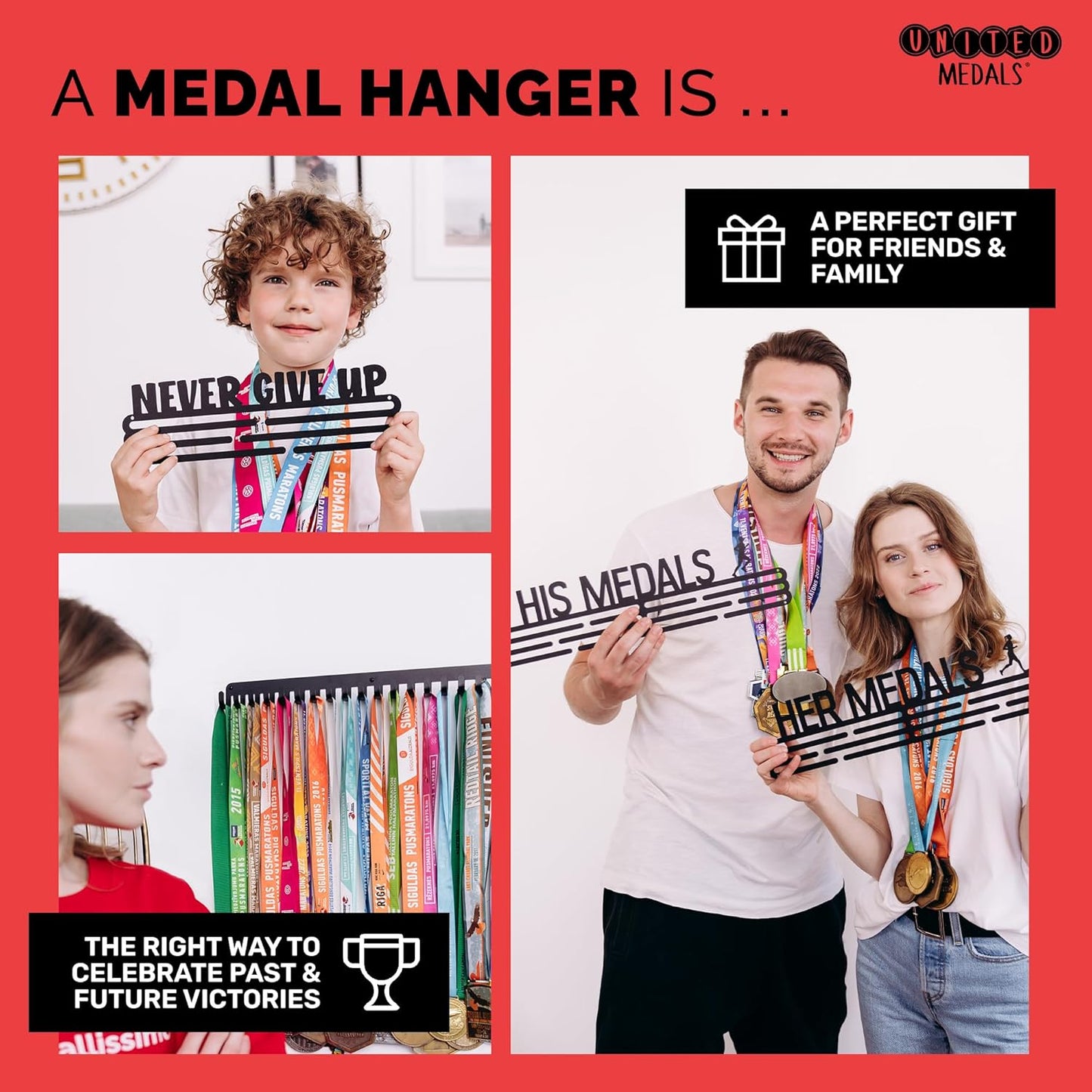 Medal hanger with hooks - Black - 16.9" / 43cm - Bamboo shelf (White)