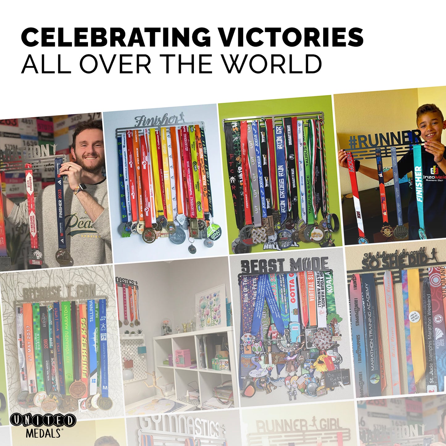 Medal hanger with hooks - Beast Mode - Black - 16.9" / 43cm - Bamboo shelf (White)